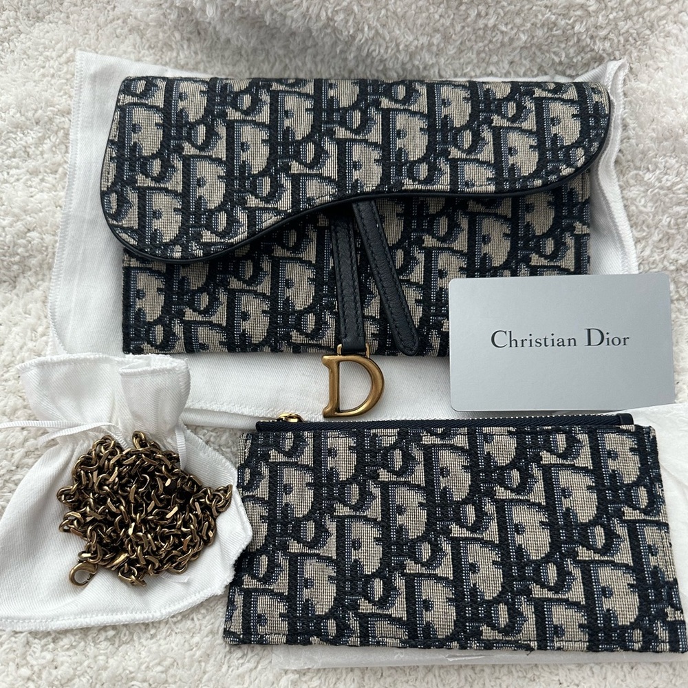 Authentic Christian Dior Long Saddle Wallet with Chain Oblique Jacquard